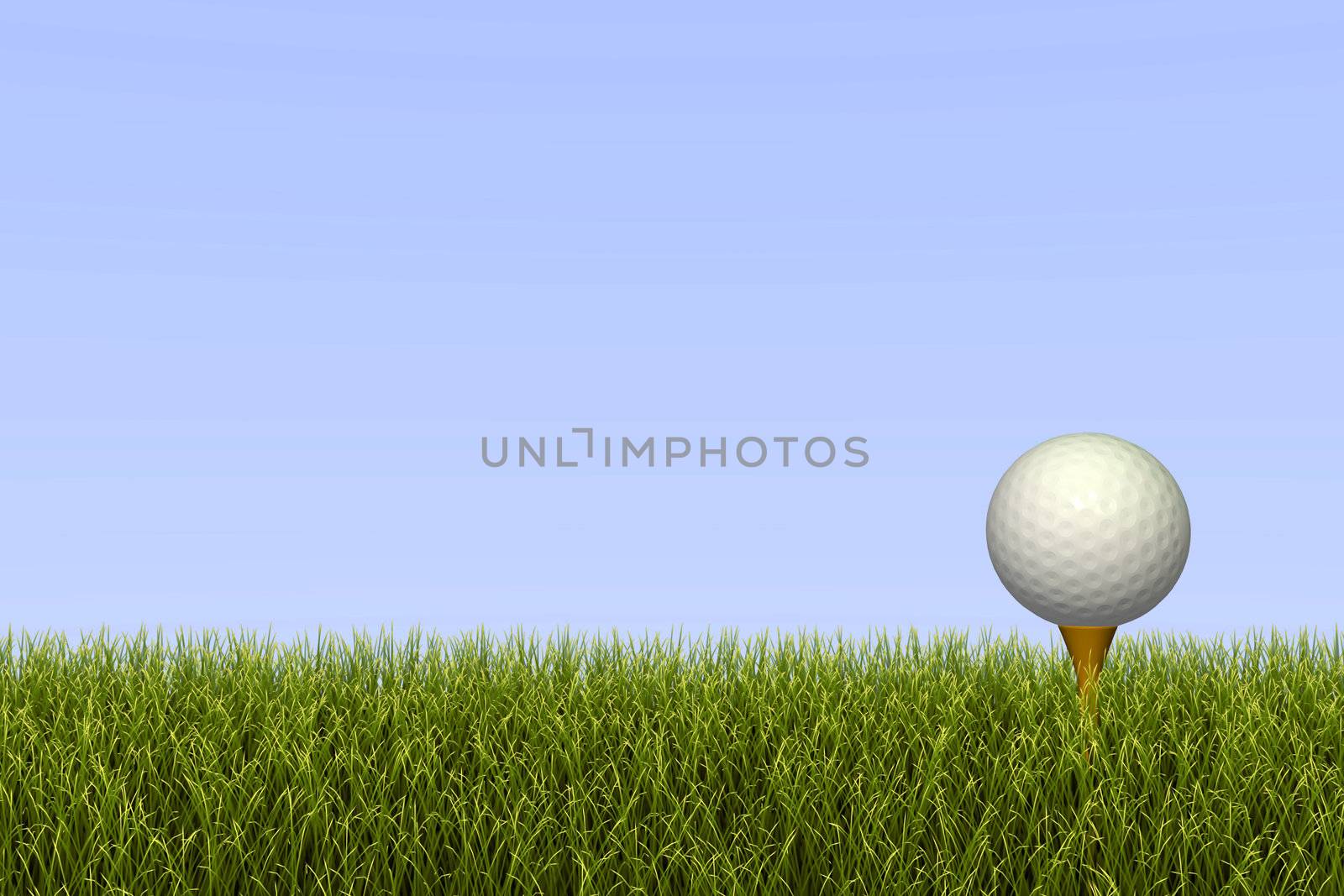 Golf ball on a tee against a grass and sky background.