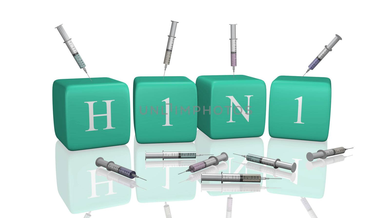 H1N1 message on 3D cubes with syringe.