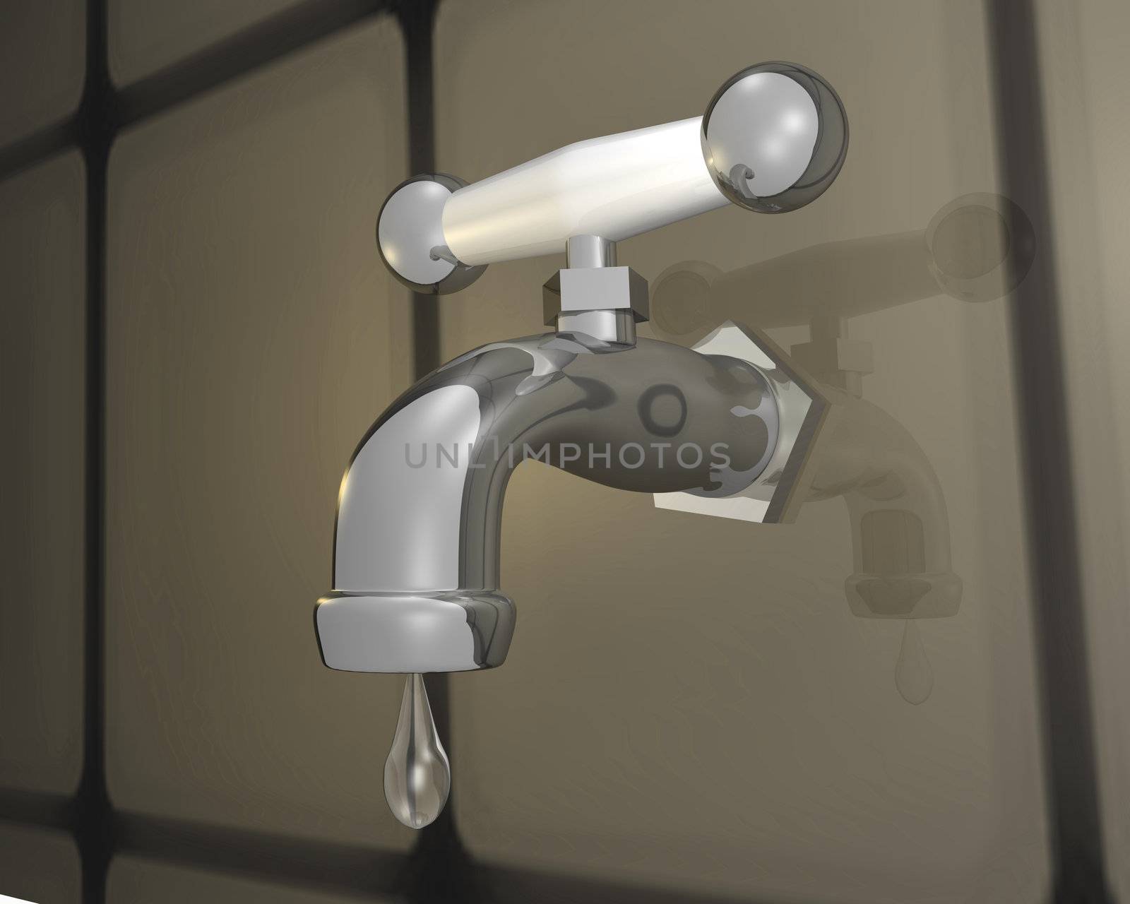 3D chrome faucet with drop of water.