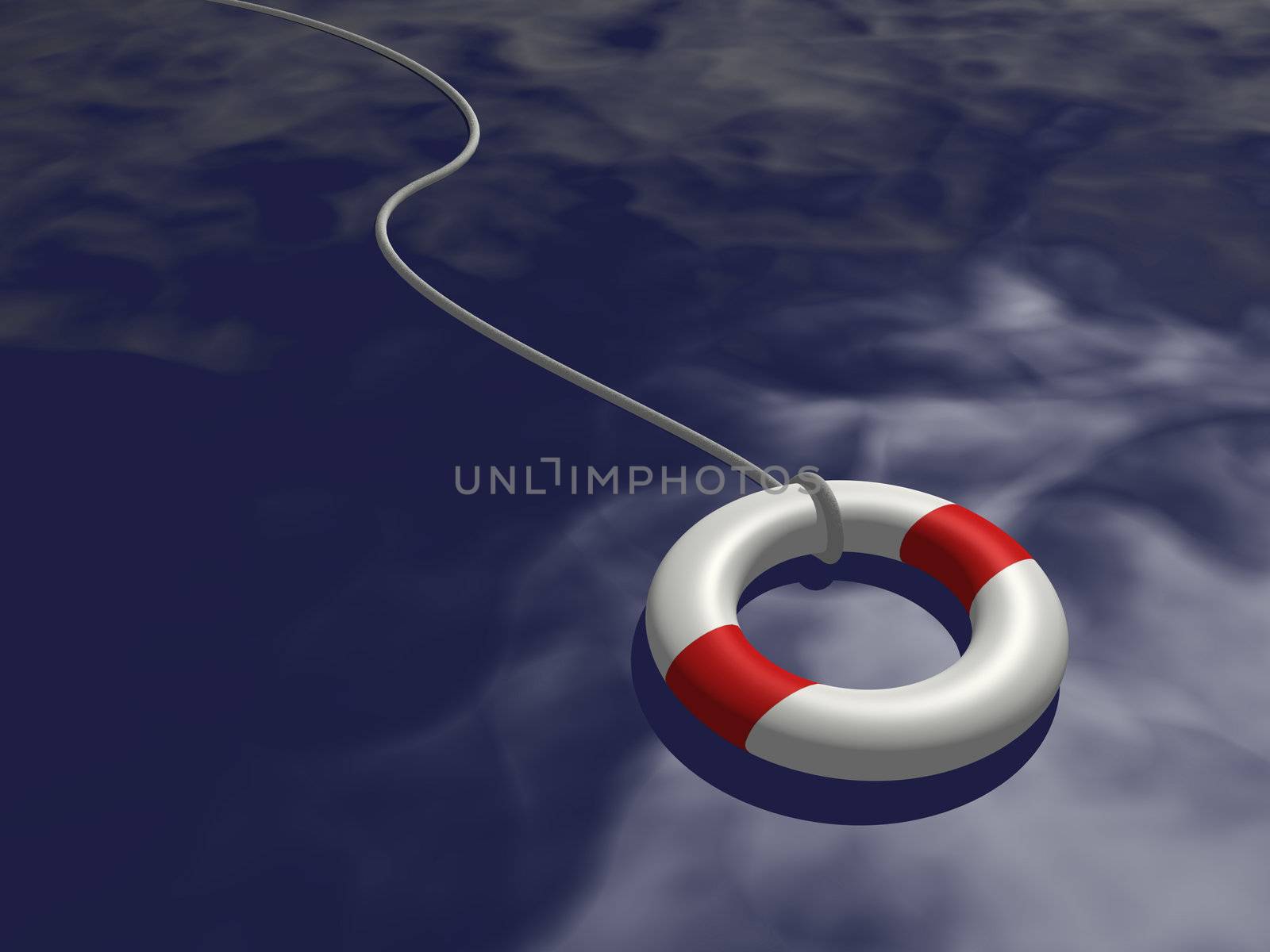 Image of a life preserver floating on blue water.