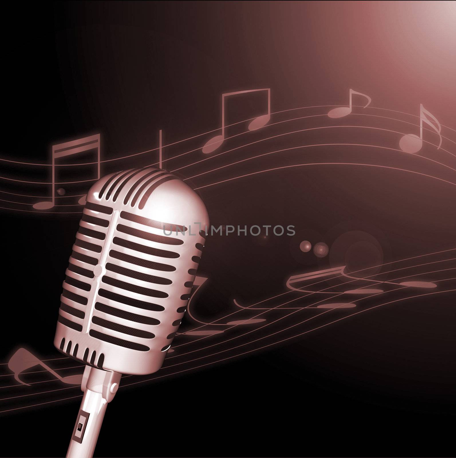 Image of a retro microphone with musical notes in the background.