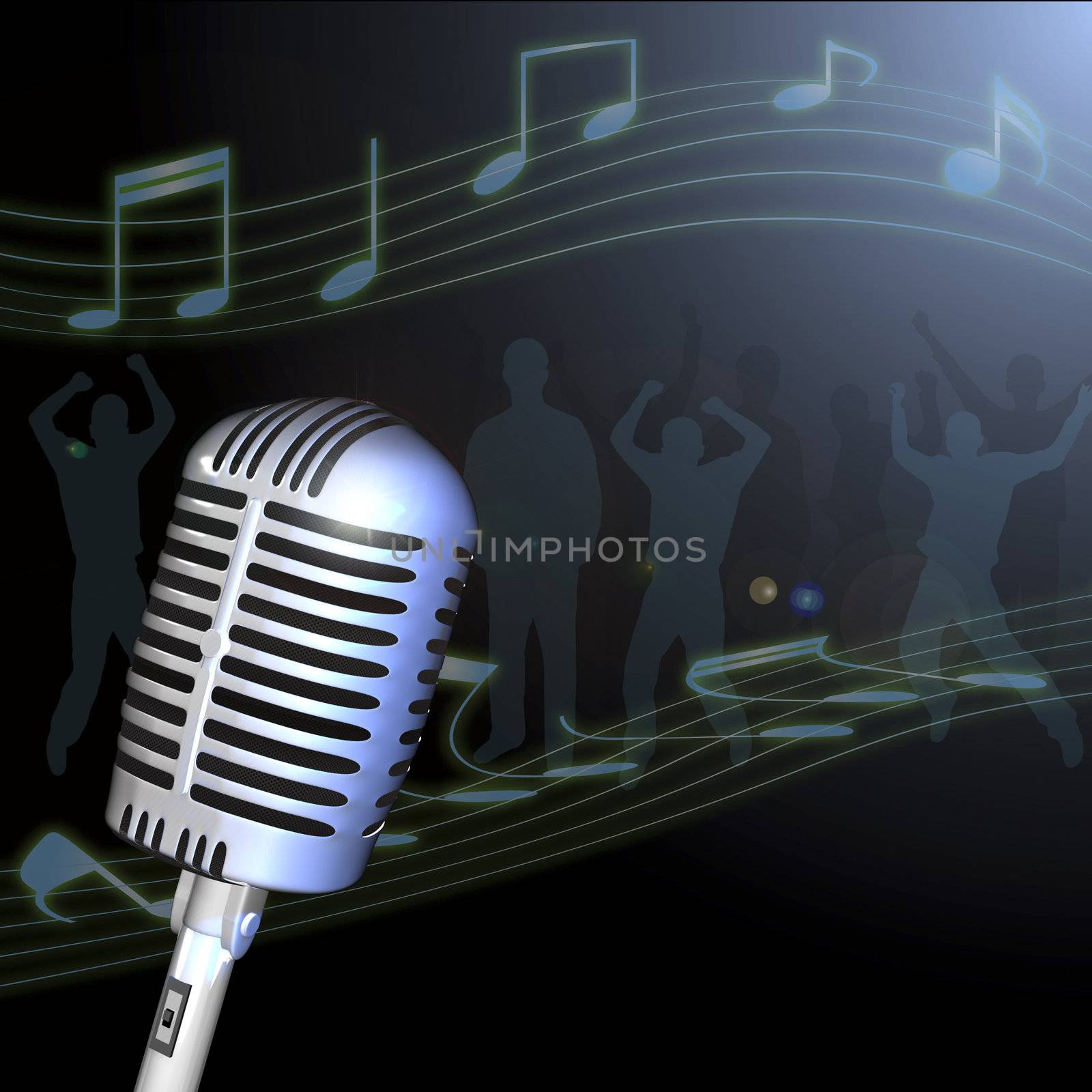 Image of a retro microphone with musical notes and crowd in the background.