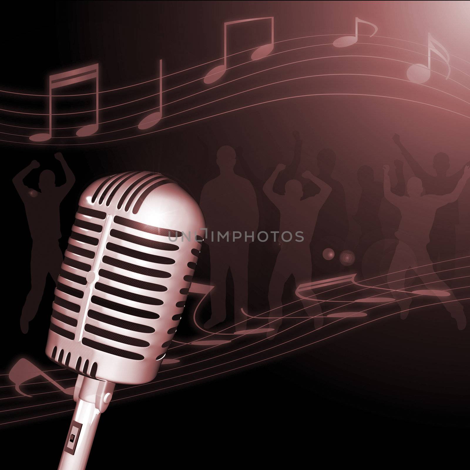 Image of a retro microphone with musical notes and crowd in the background.