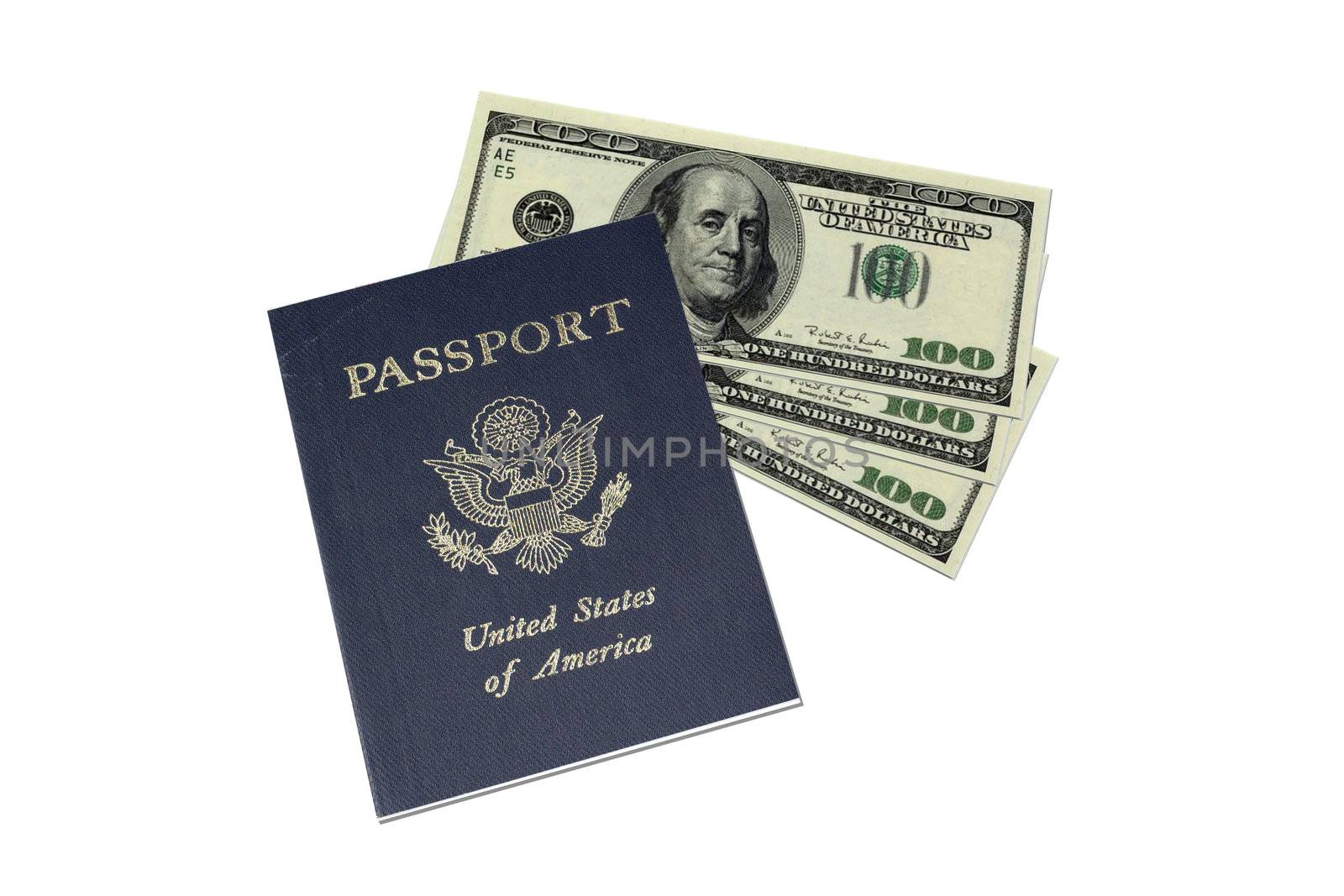 U.S. passport with money isolated on a white background.