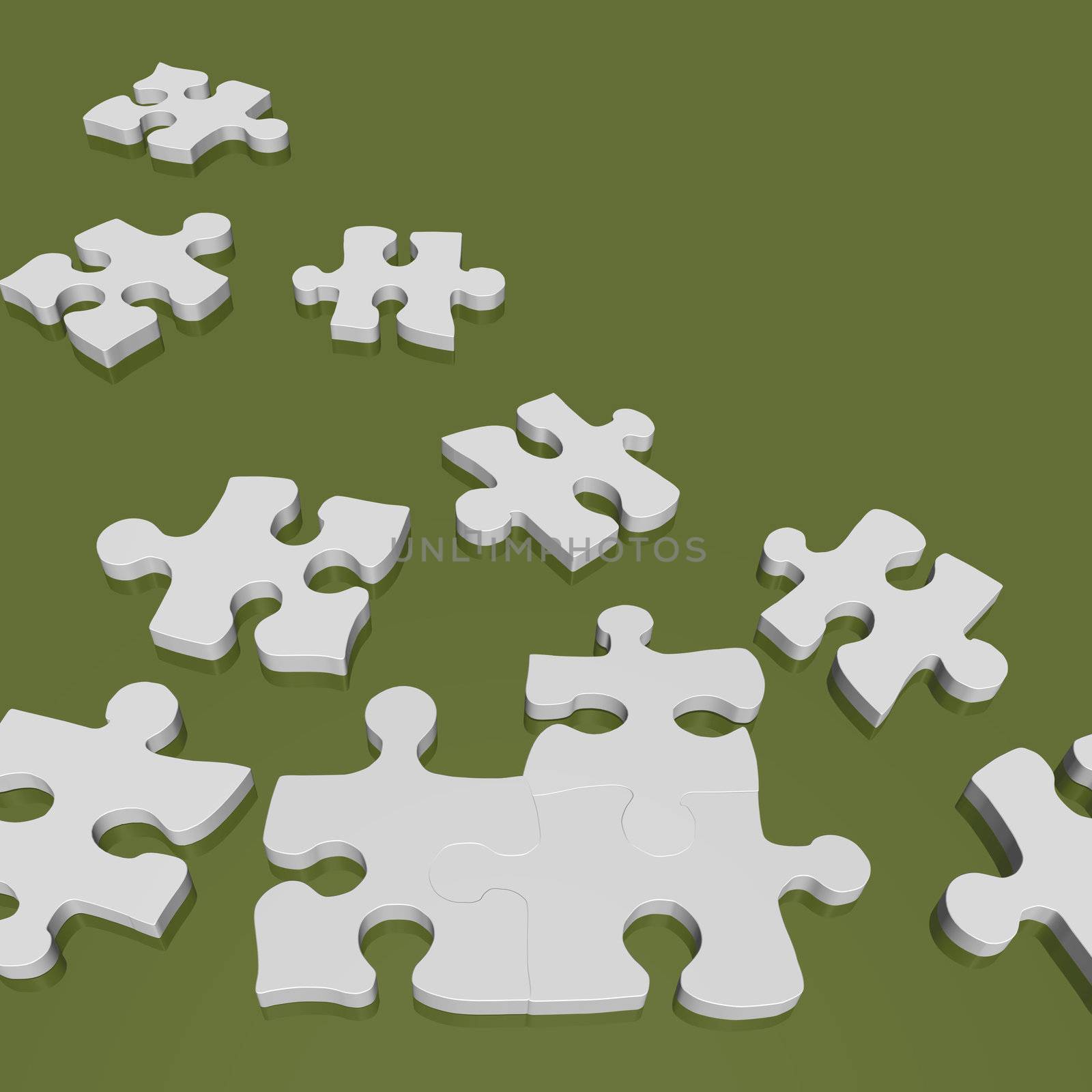 Image of 3D puzzle pieces on a green background.