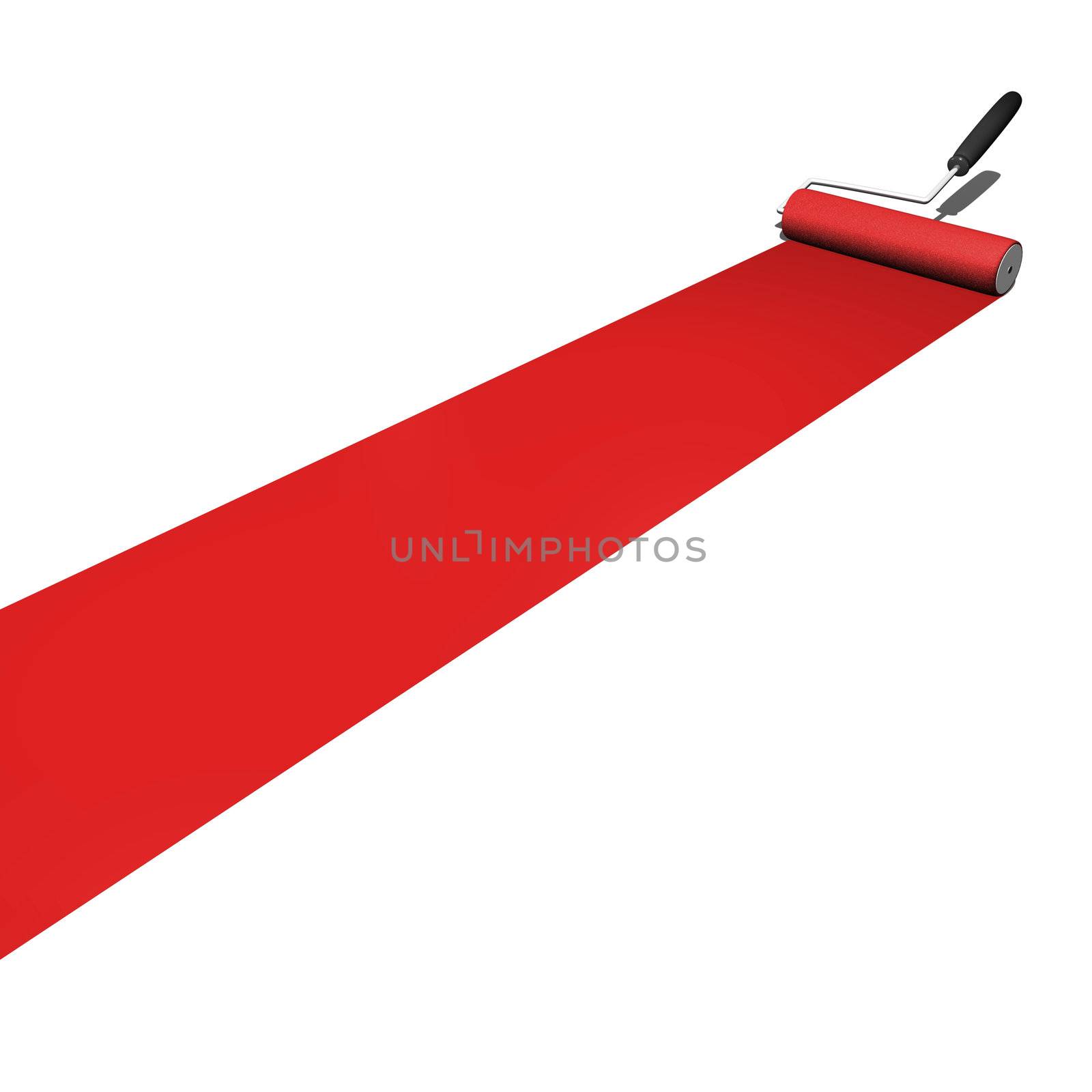 Red paint being rolled on a white background.