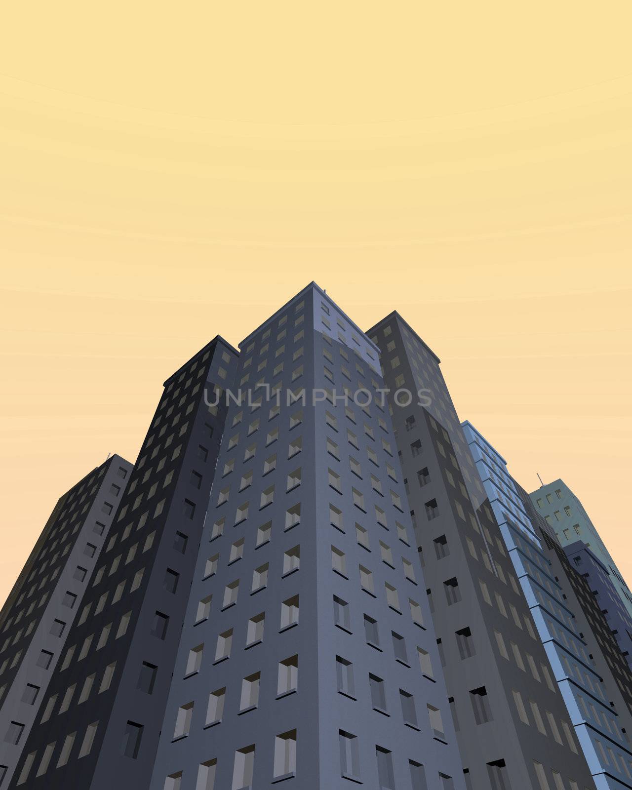 Various city skyscrapers against a blue background.