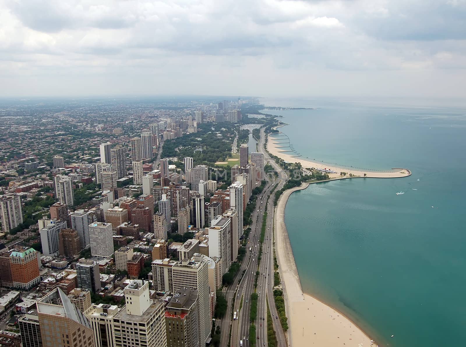 A view, looking north, of Chicago from a skyscraper