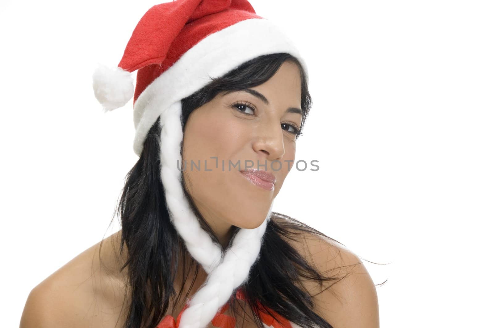 portrait of female with santa hat on an isolated white background