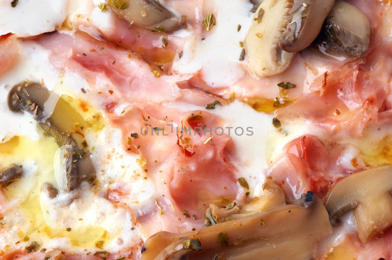 extreme closeup of italian pizza with bacon and mushrooms