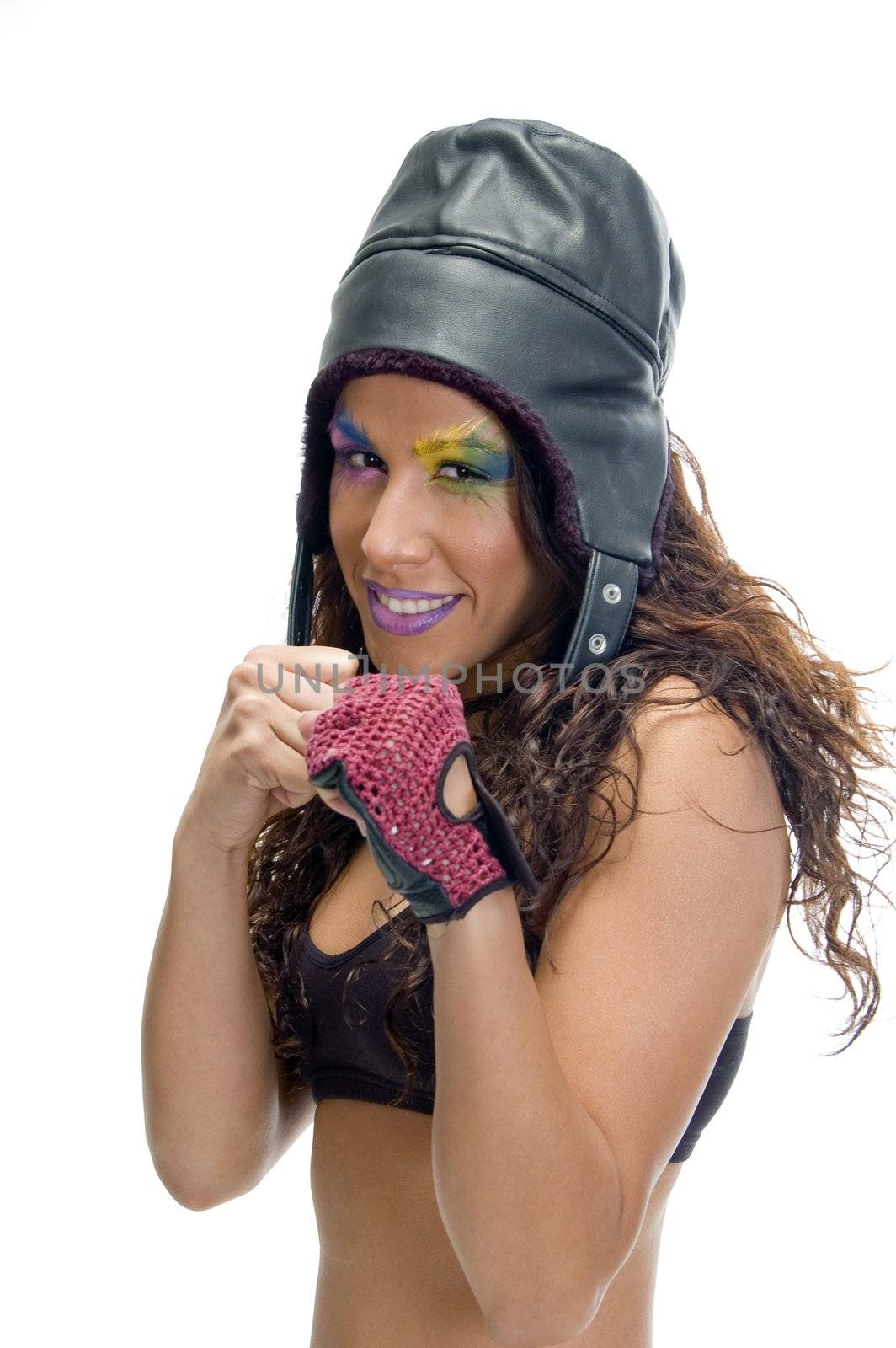 female in boxing pose showing punch on an isolated white background
