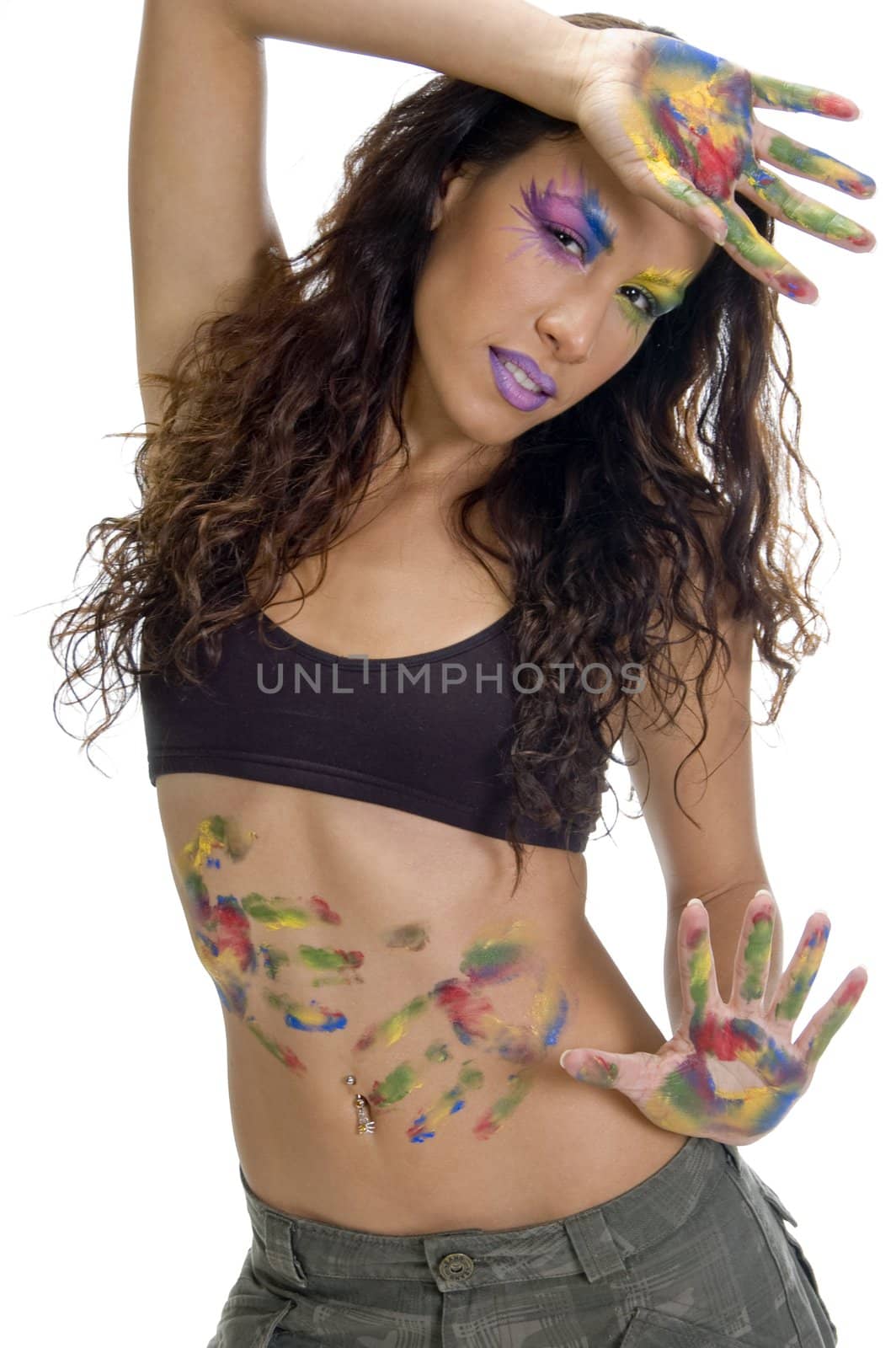 female posing with colorful hands and make up on an isolated white background