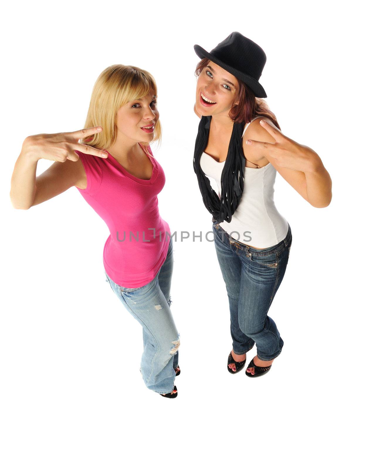 two friends posing together on a white background