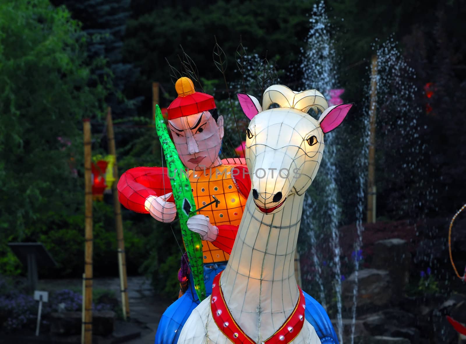 Portrait of an Illuminated Chinese lantern representing a warrior on a horse