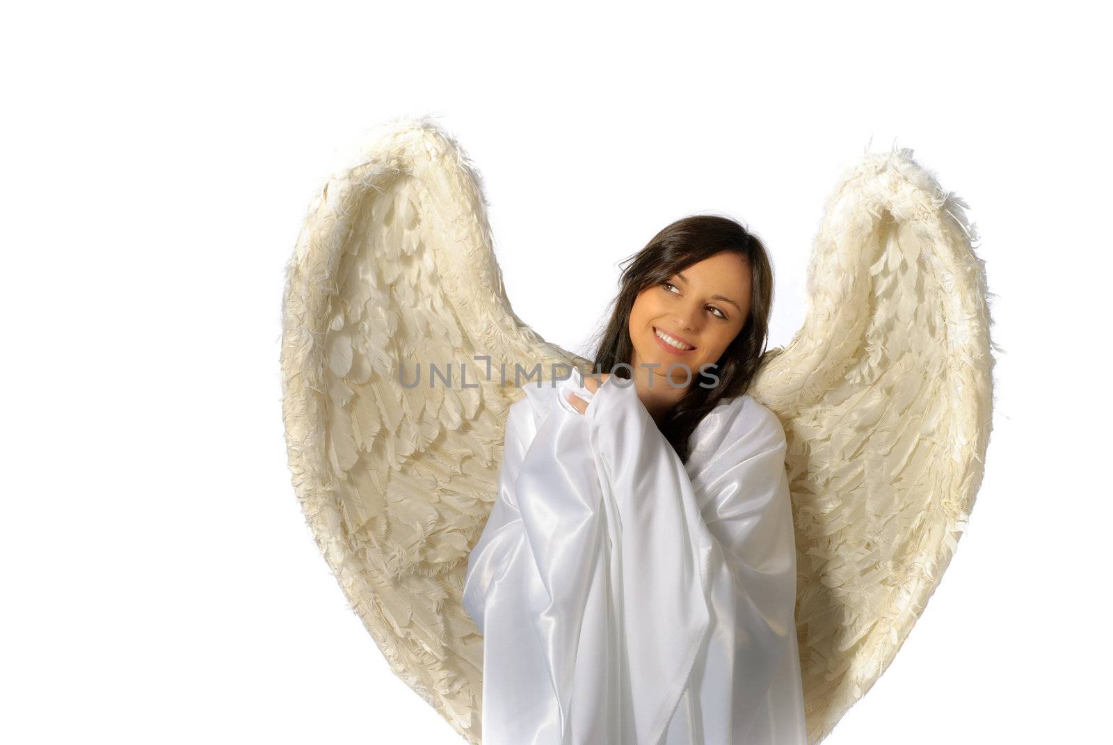 Young woman with angel wings smiling isolated on white