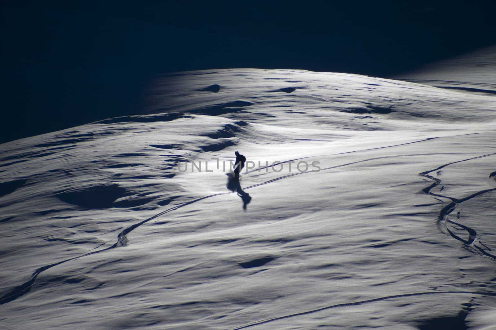 Late afternoon snowboarder on powder