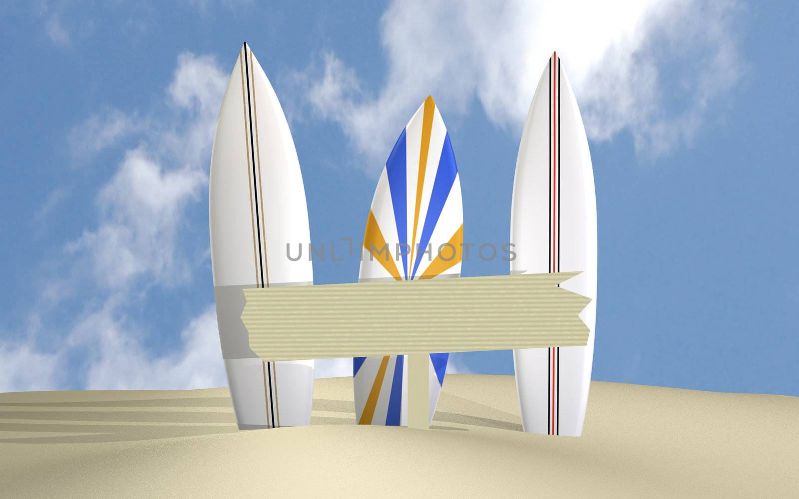 Image of three surfboards on a beach with a blank wooden sign.