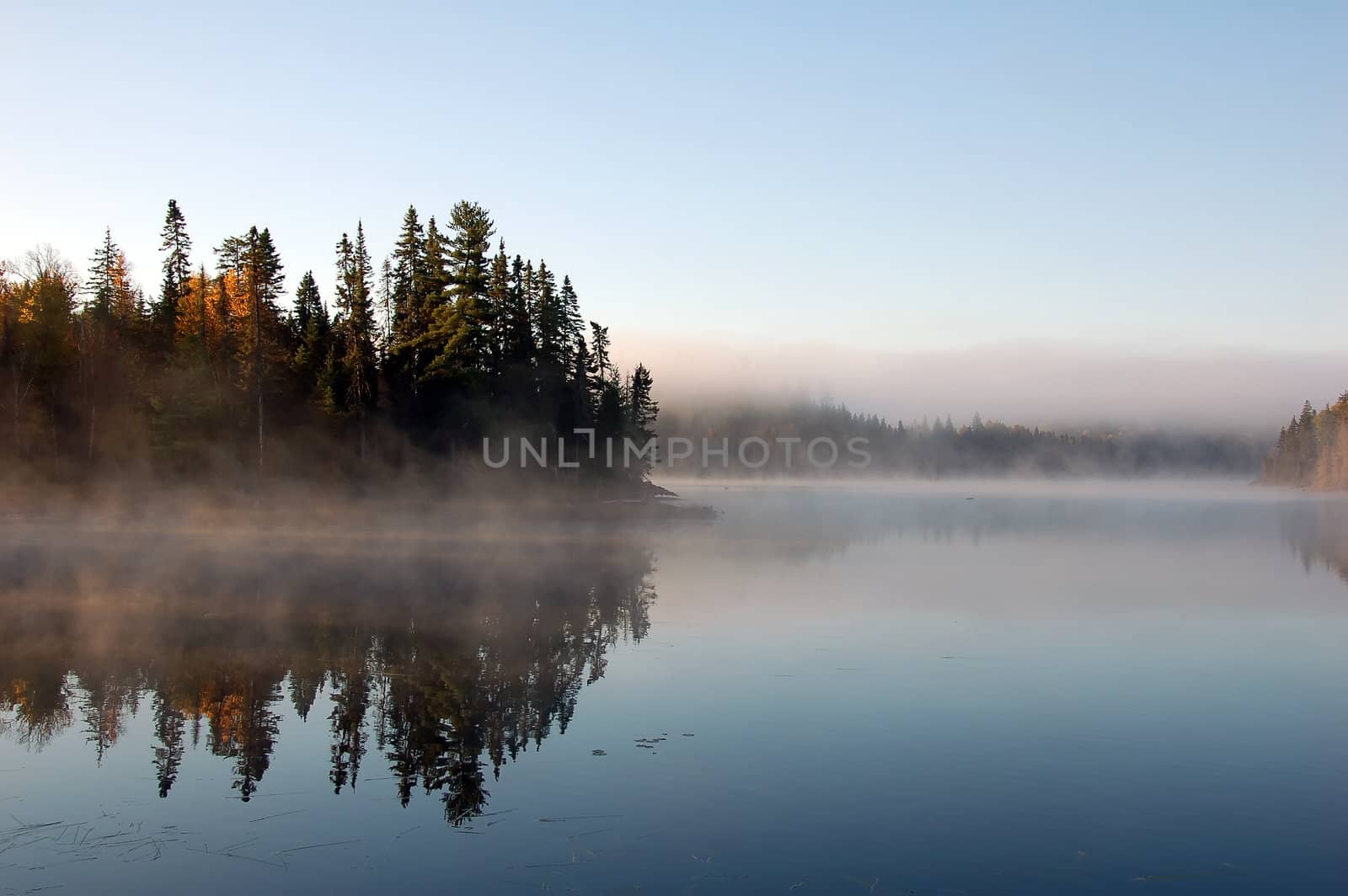 A beautiful autumn's landscape in the morning with fog and mist