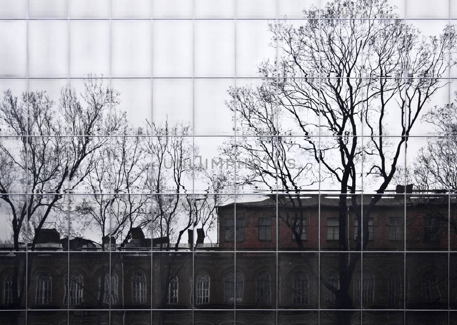 City reflection in modern building glass facade