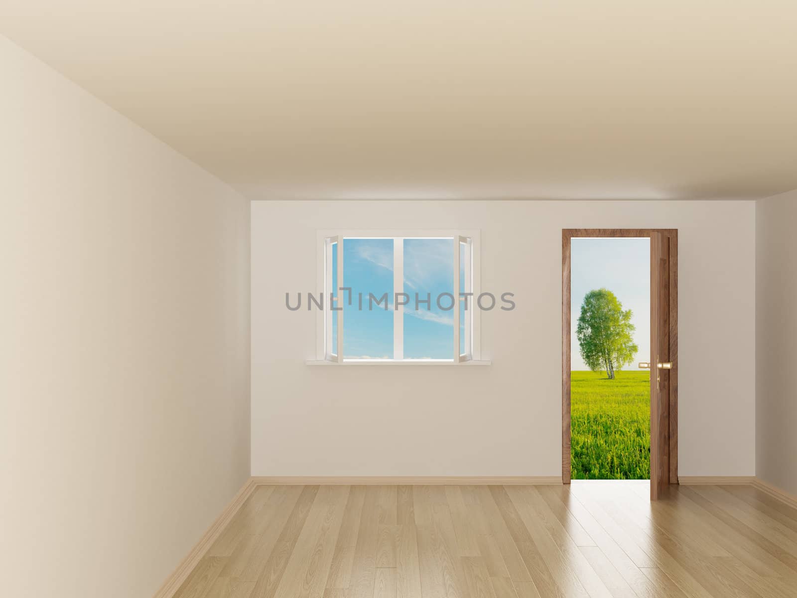 Empty room. Landscape behind the open door. 3D image