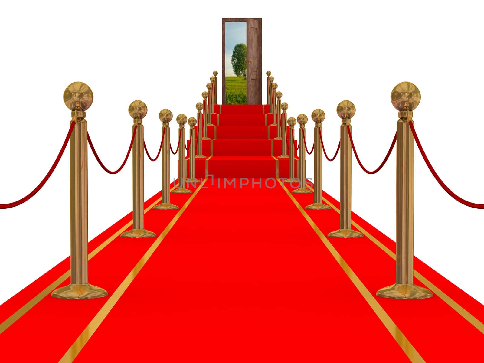 Red carpet path on a stair. 3D image.