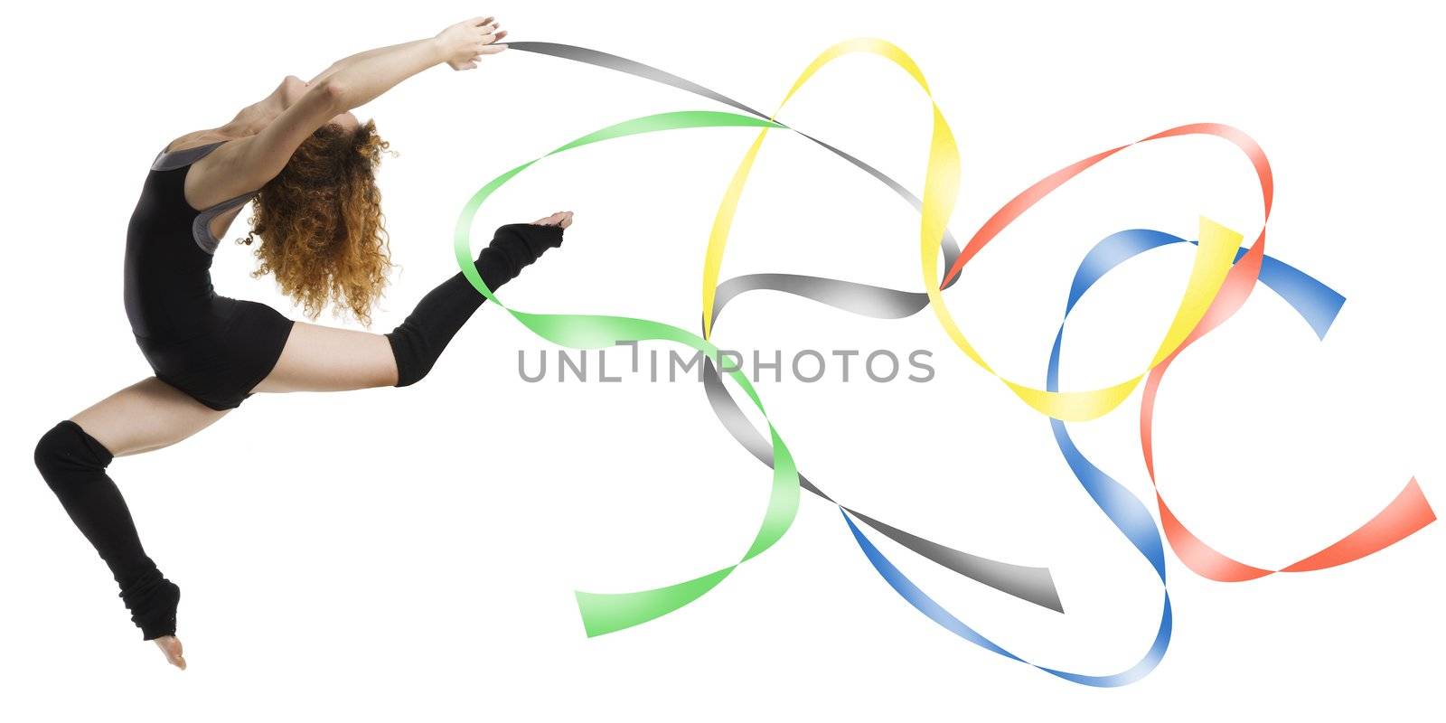 a modern dancer with black dress jumping with colored strings Olympic color
