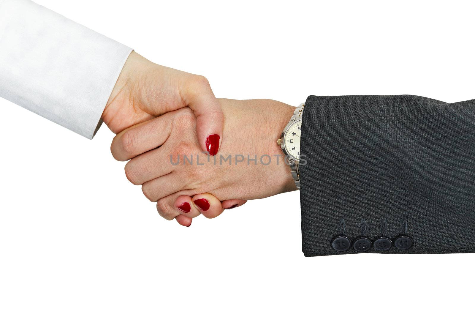 Hand shake of the man and the woman is isolated on a white background