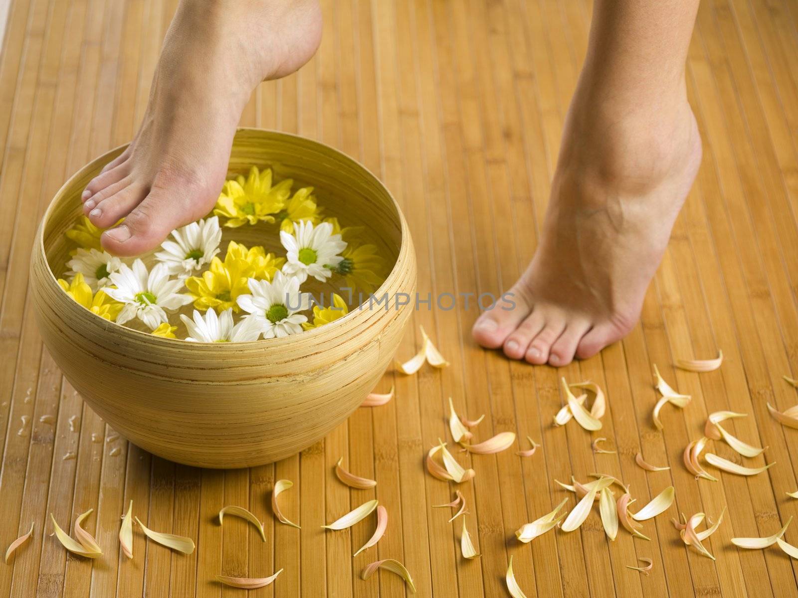 feet near a basin with flowers and water