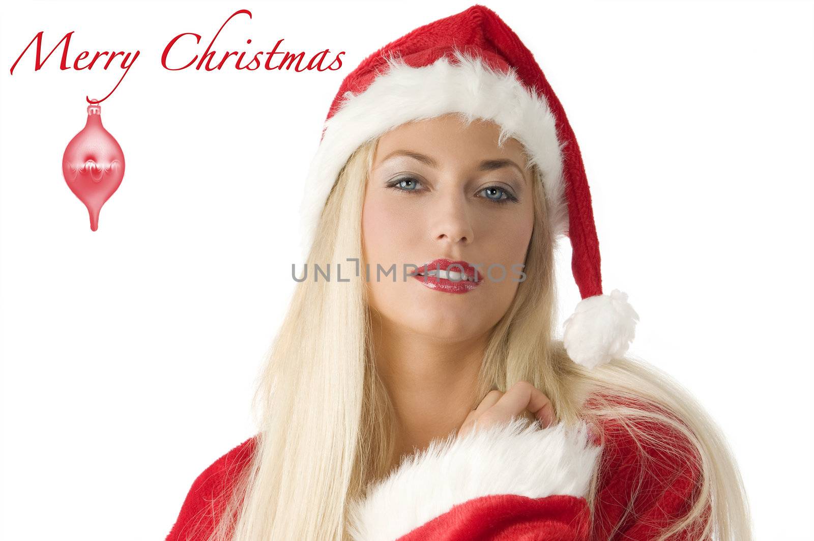 beautiful blond woman with red santa claus dress looking in camera