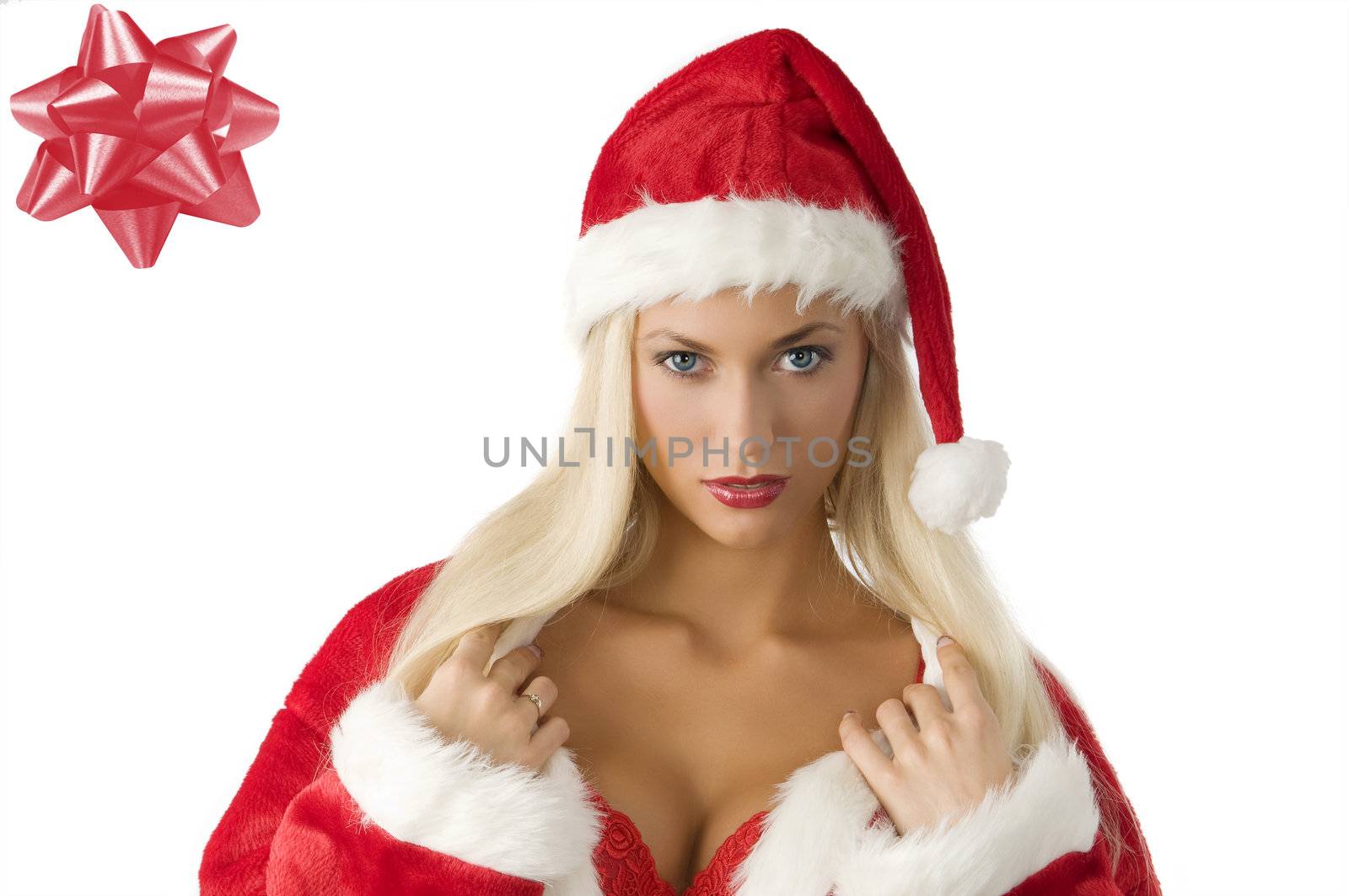 sensual and cute blond girl with in santa claus dress showing her red bra