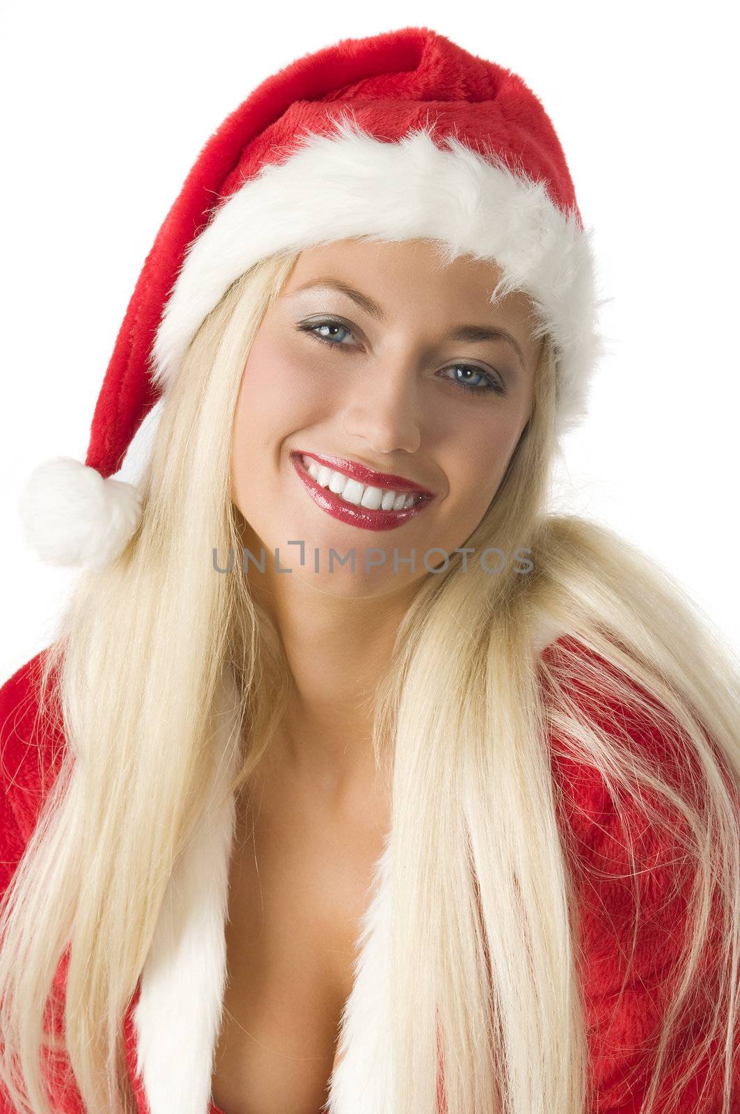 nic blond girl in santa claus dress looking in camera smiling