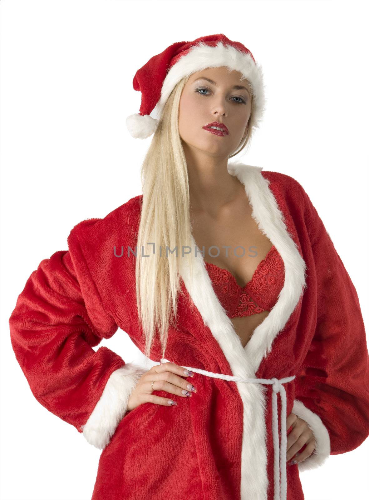 beautiful blond woman in santa claus dress with red bra