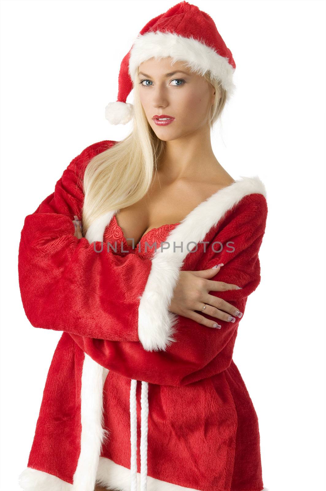 attractive blond with blue eyes in santa claus dress showing her brest
