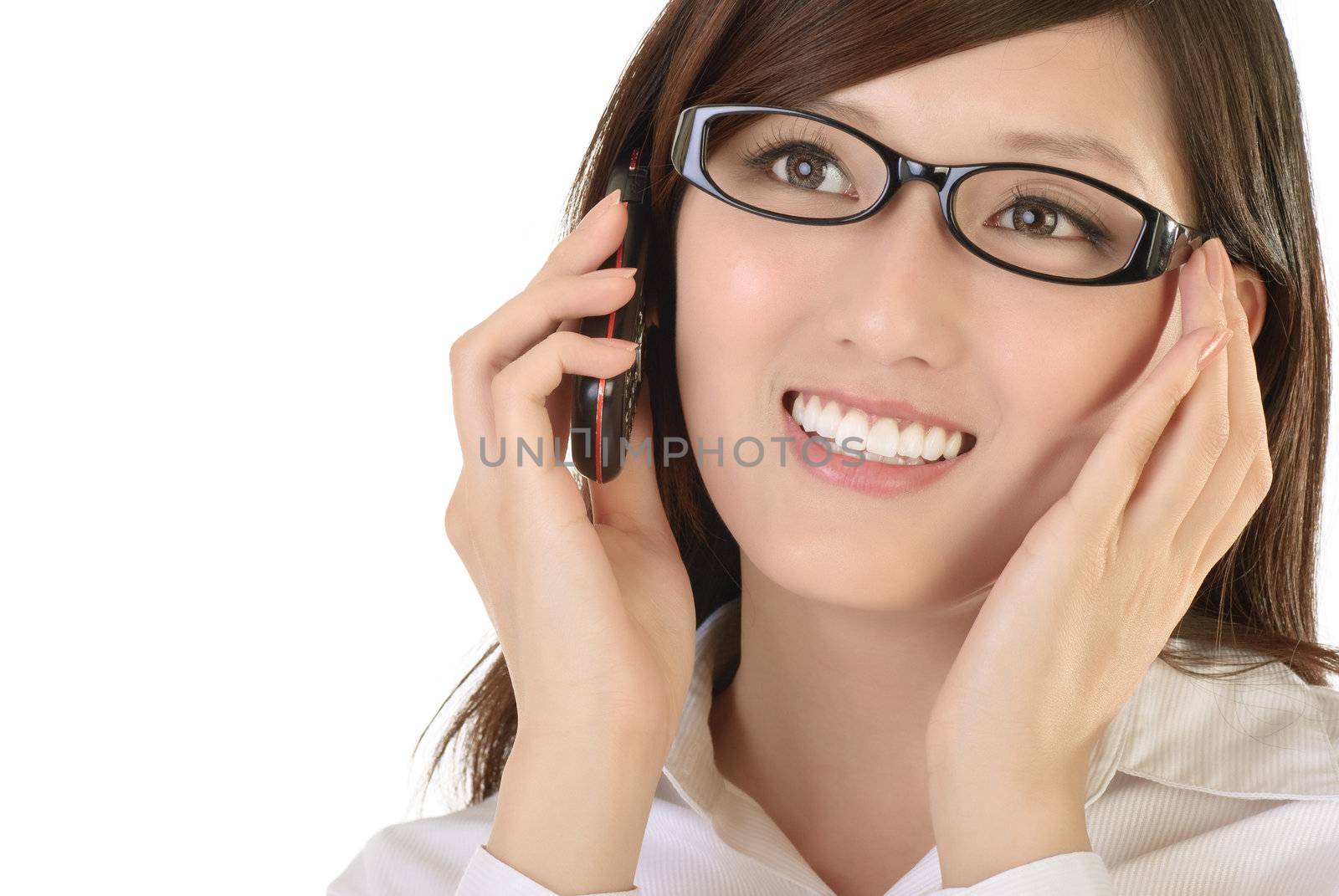 Portrait of Asian businesswoman with cellphone closeup image.