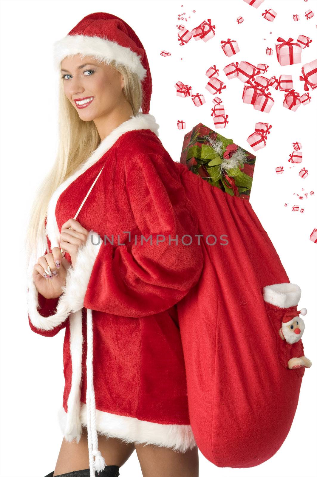 sexy and cute woman in santa claus dress with gift bag