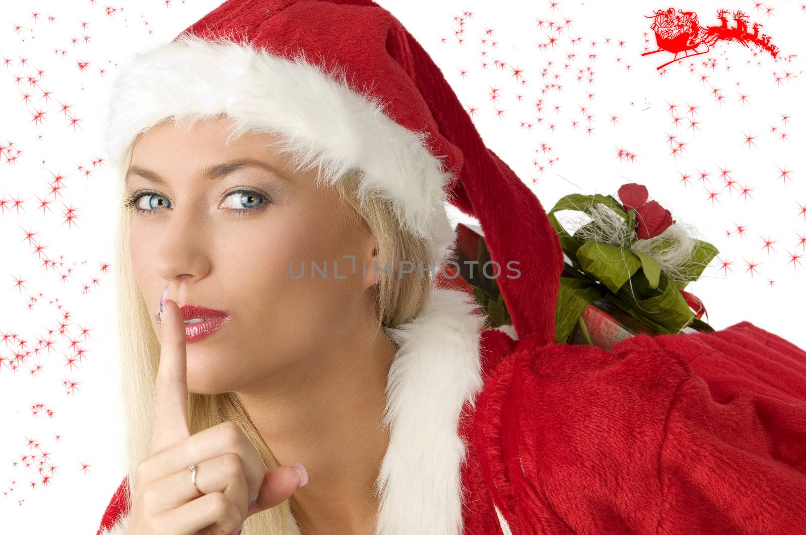 close up of a blond santa clause asking everybody to be in silence