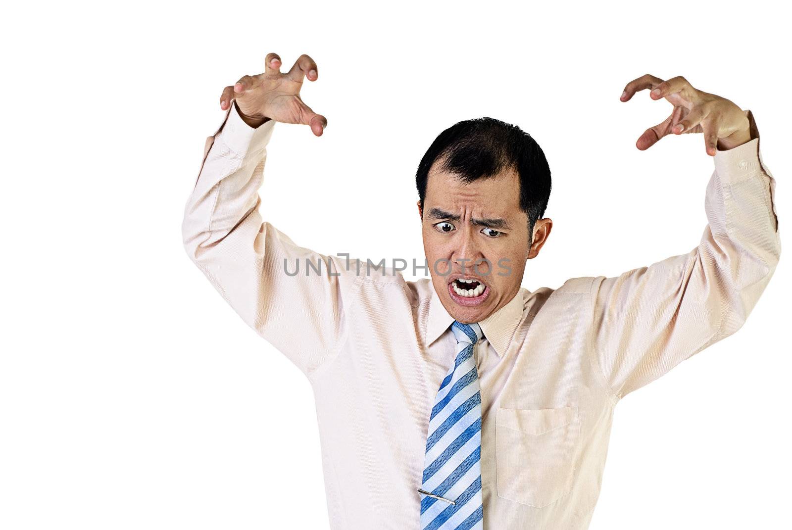 Angry business man portrait of Asian with hands rise.