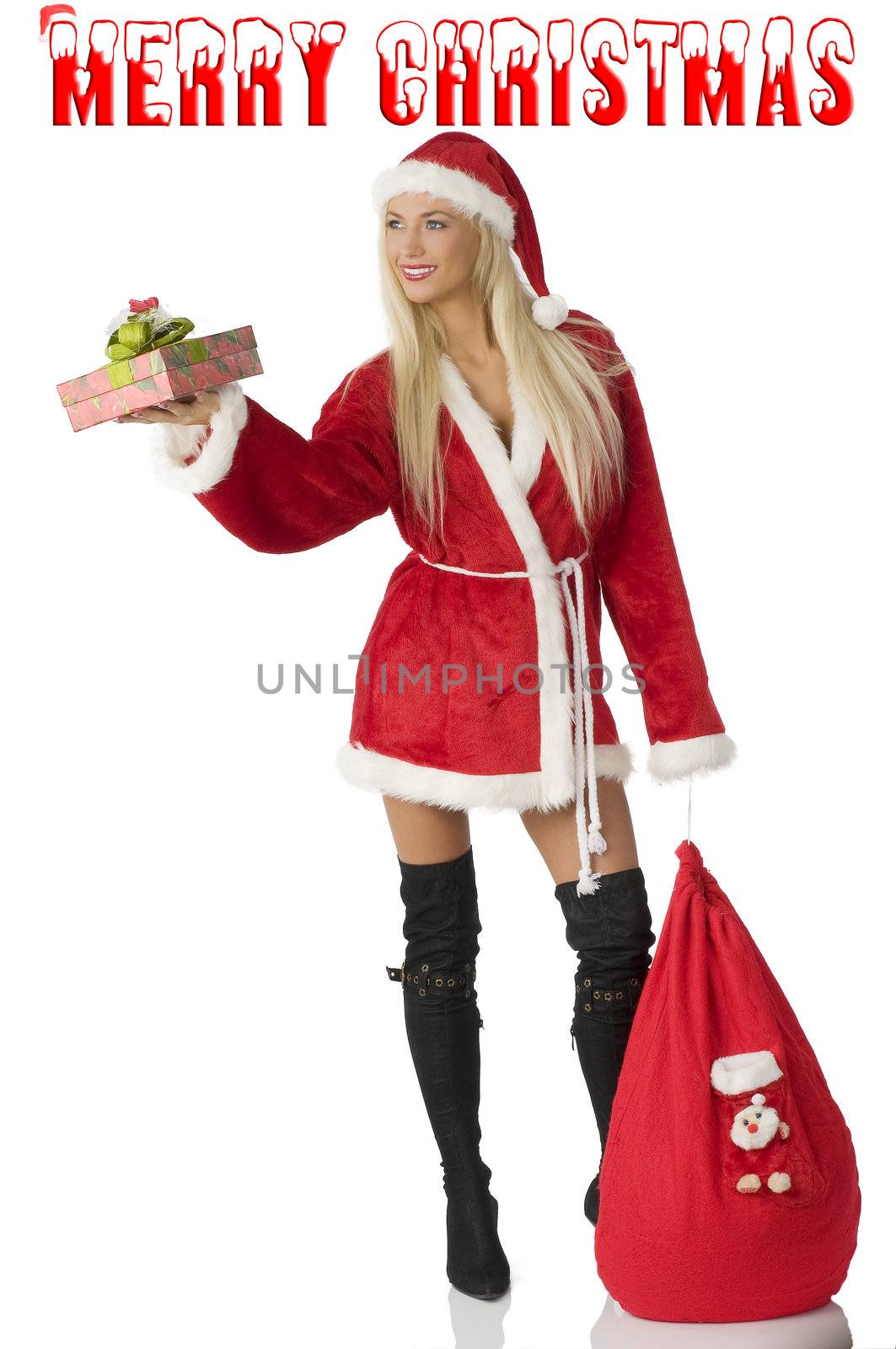 cute girl in red santa claus dress with gift sack and present box