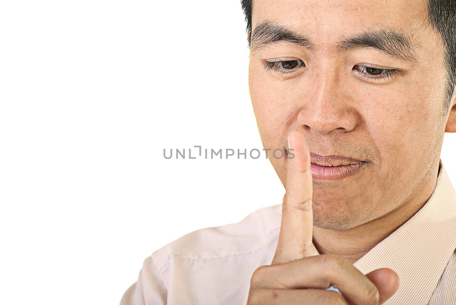 Silent Asian business man closeup portrait on white background.