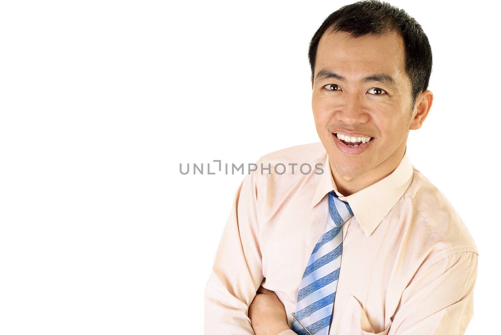 Happy Asian businessman smile portrait on white background.