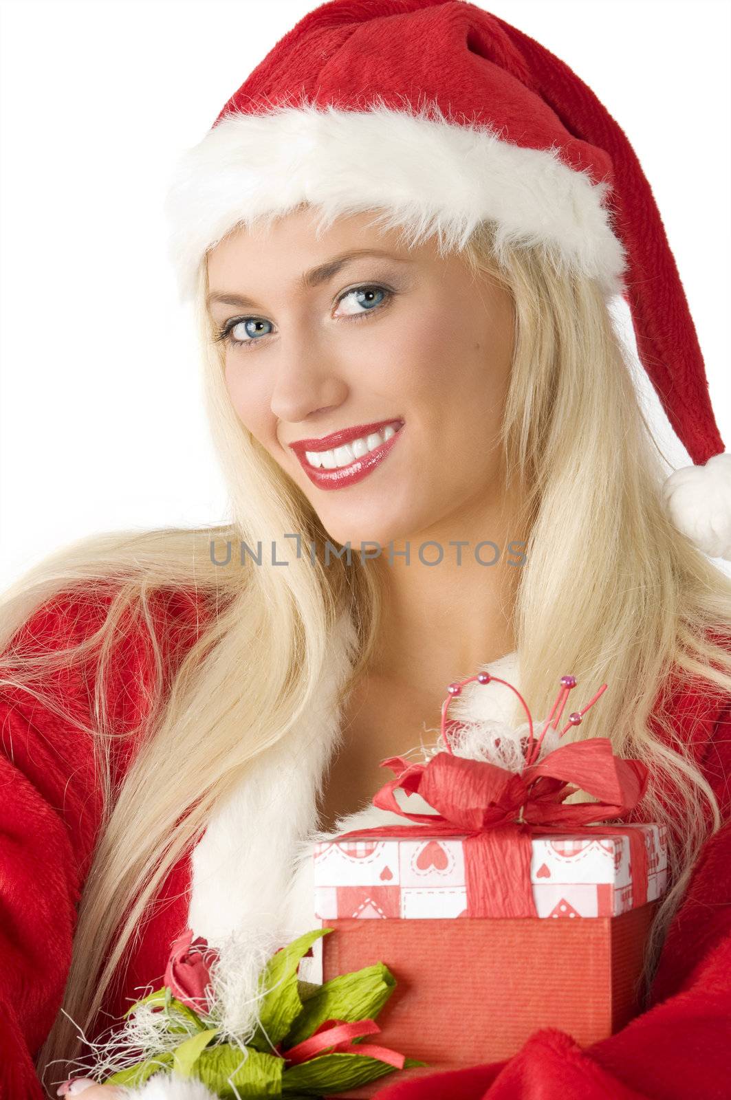 close up of a blond santa clause with present box