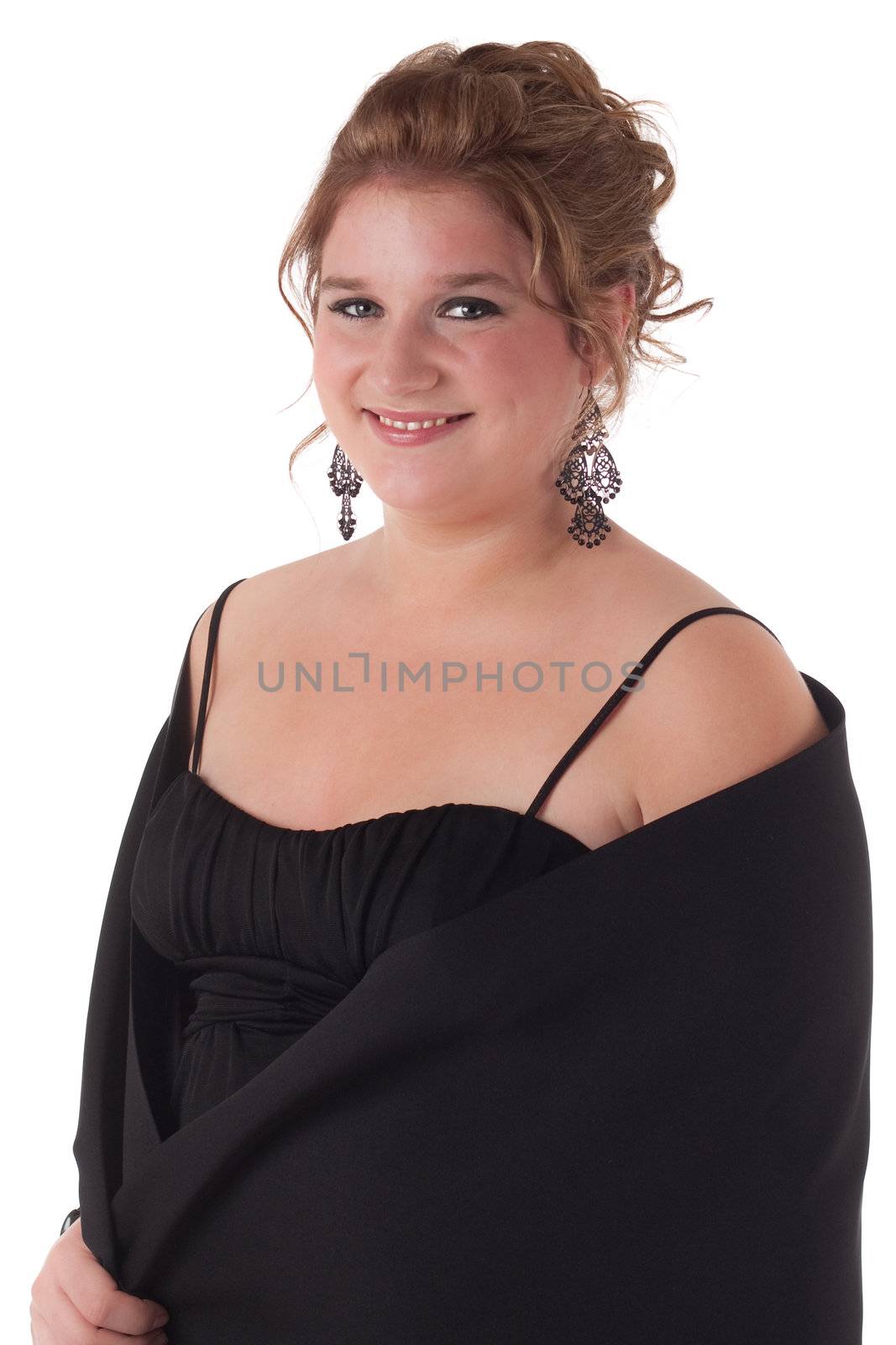 Teenage girl in black formal dress, isolated on white