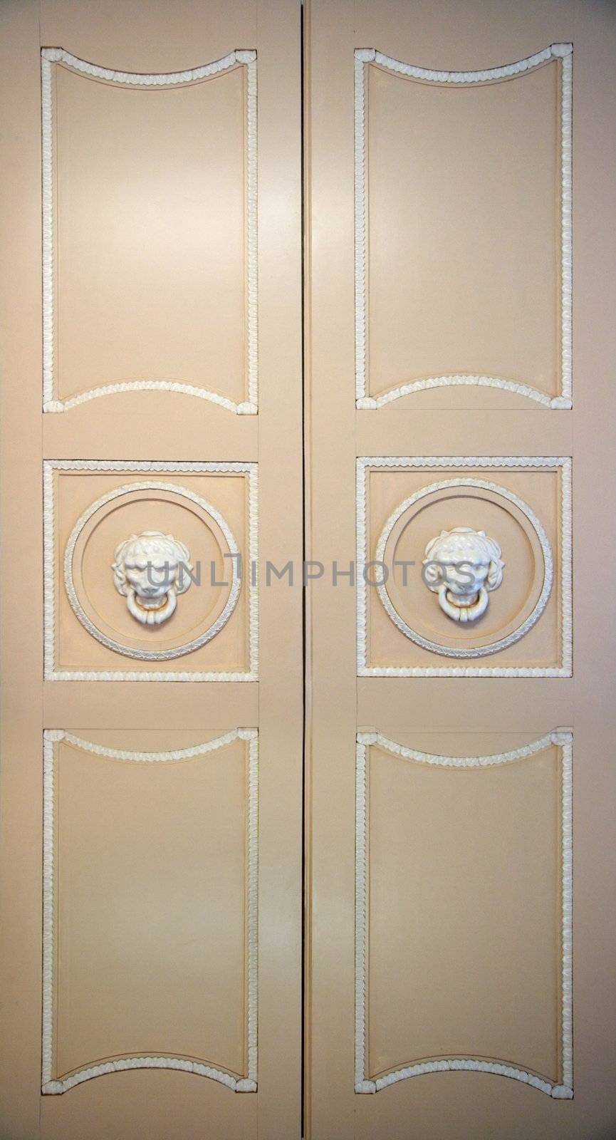 old closed ornate doors with lion head handles