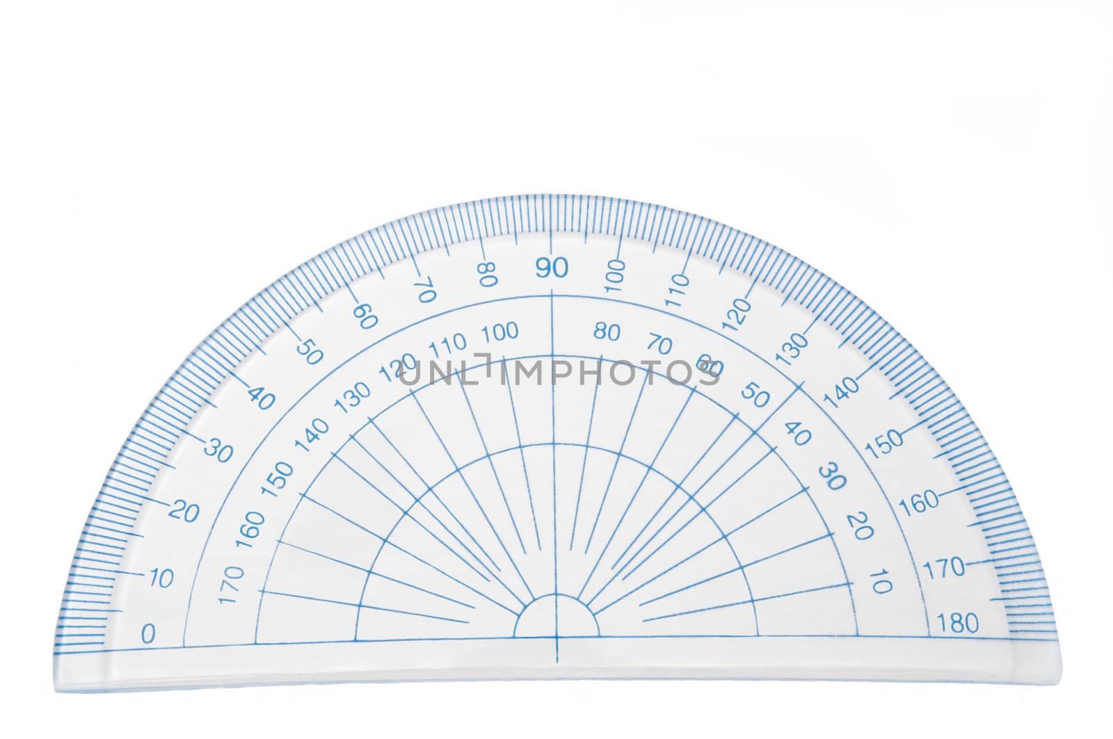 Close up of a plastic geometry protractor arranged over white.