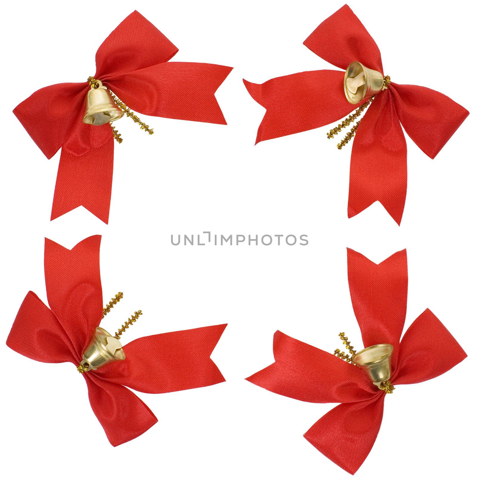 Red bows with hand bells on a white background