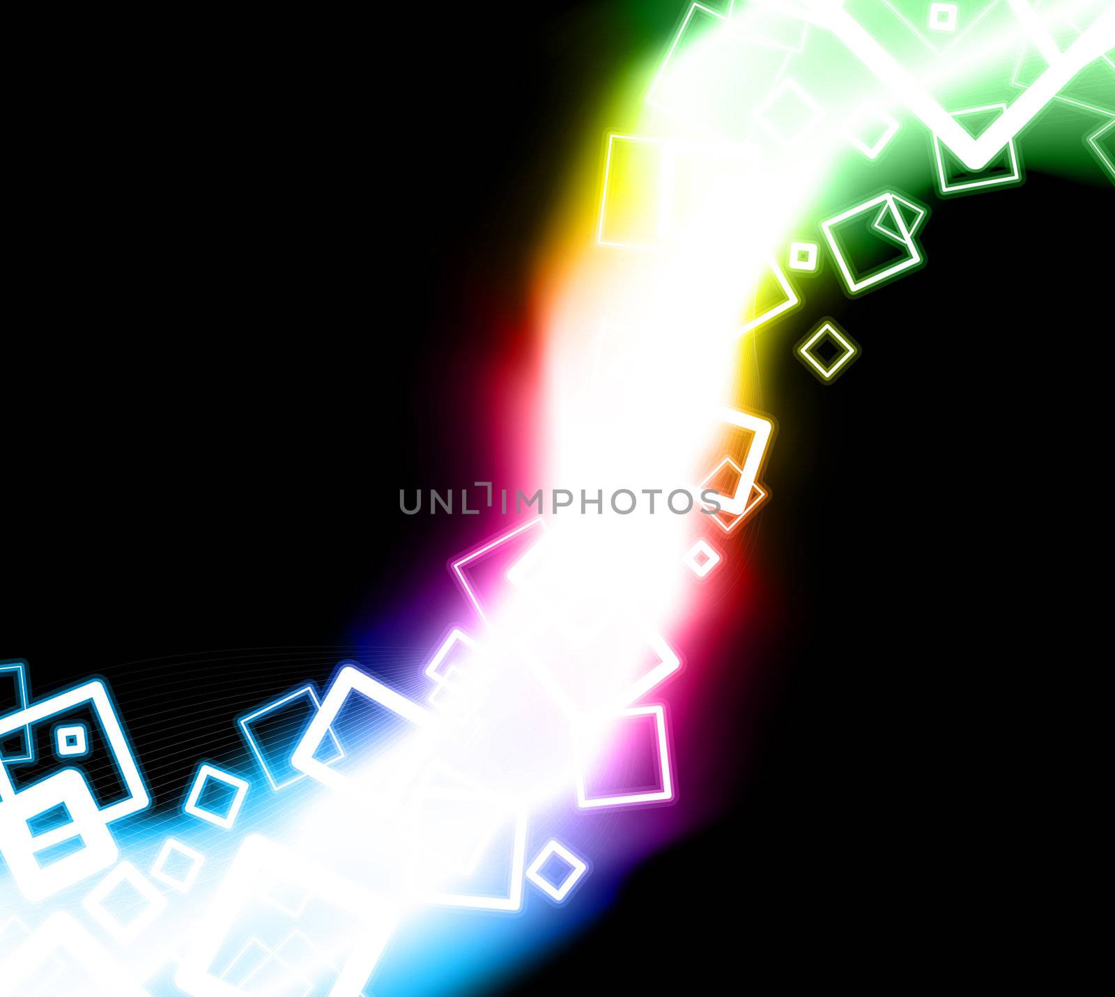 Vector illustration of abstract squares flowing through a rainbow glow.