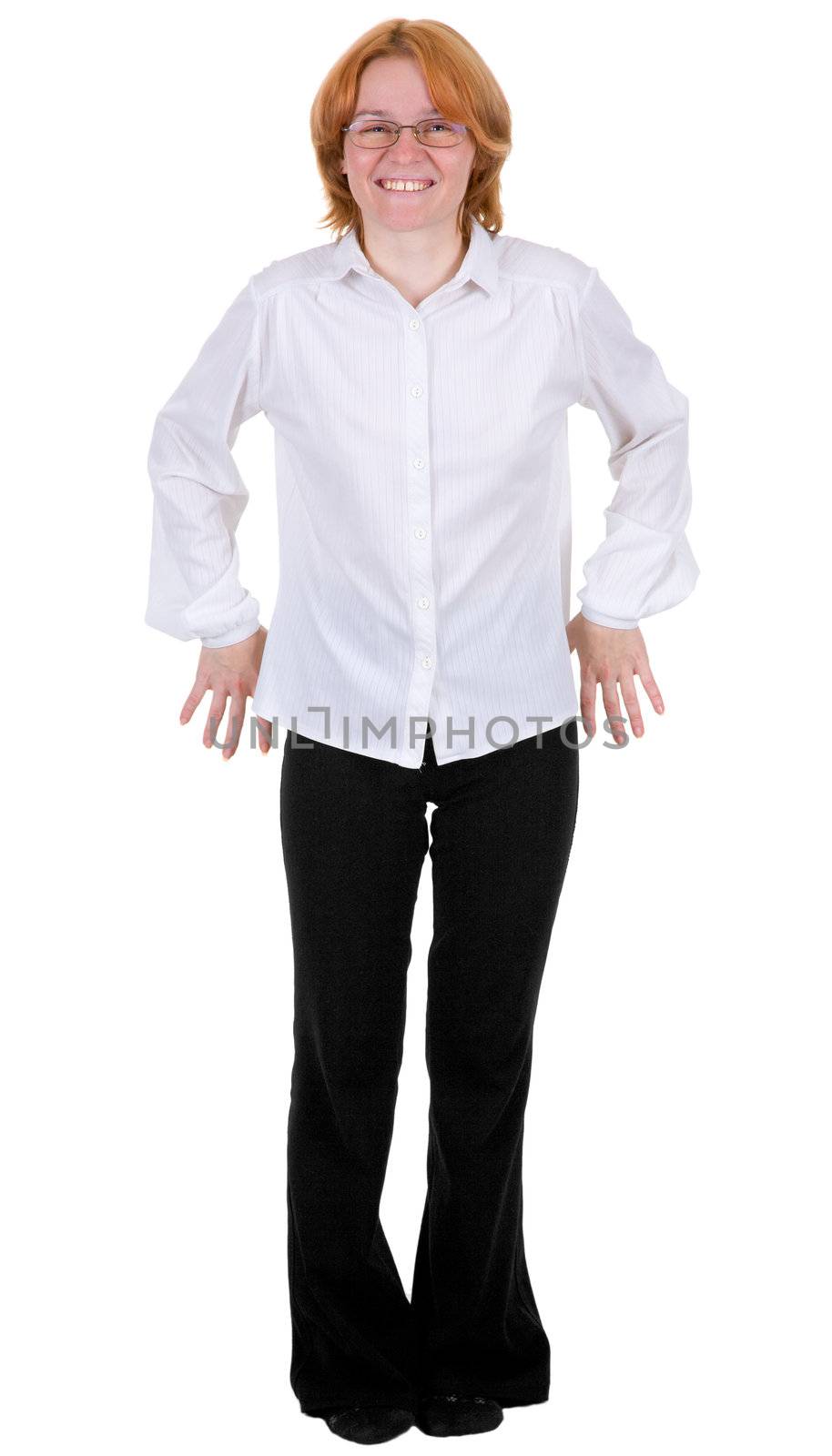 The confused woman standing on a white background