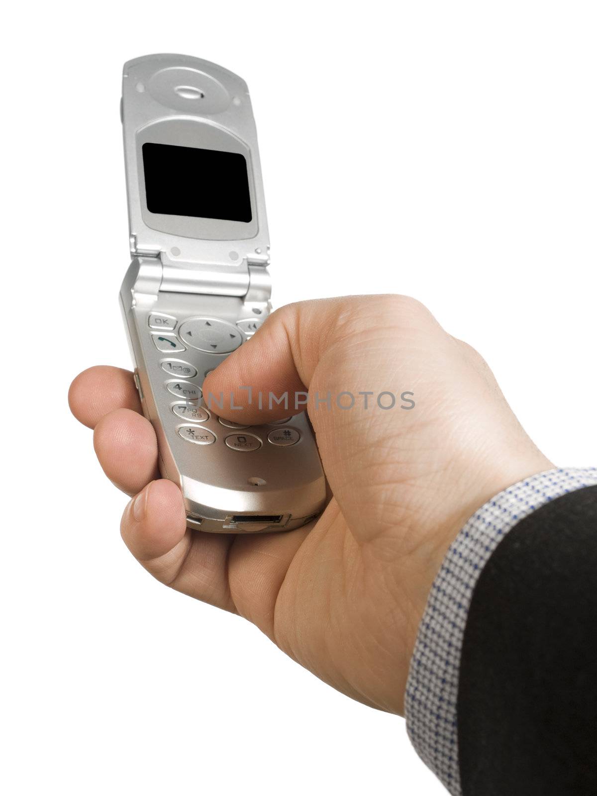 A man's hand holding a cell phone over white background.