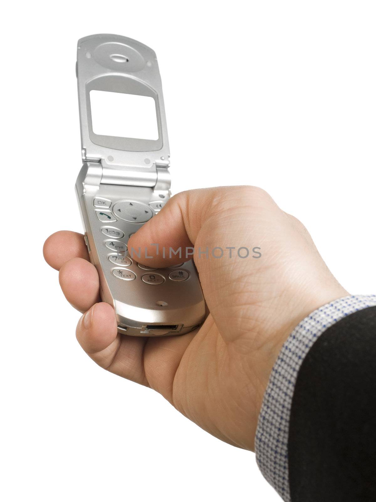 A man's hand holding a cell phone over white background.