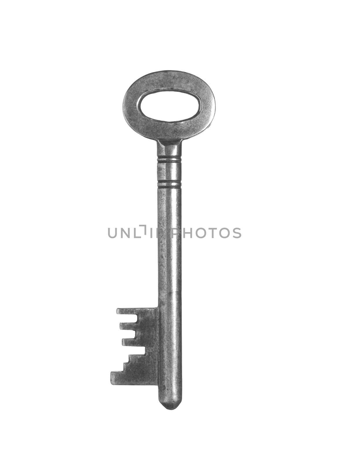 An old silver key isolated on white background.